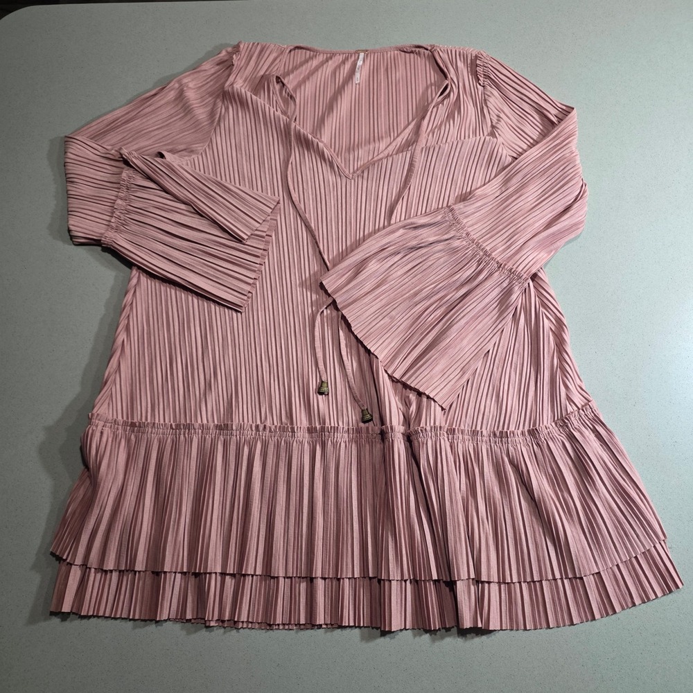 Free People Pleated Tunic Top Pink V-Neck Tie Bell Sleeve Tiered Ruffle Medium